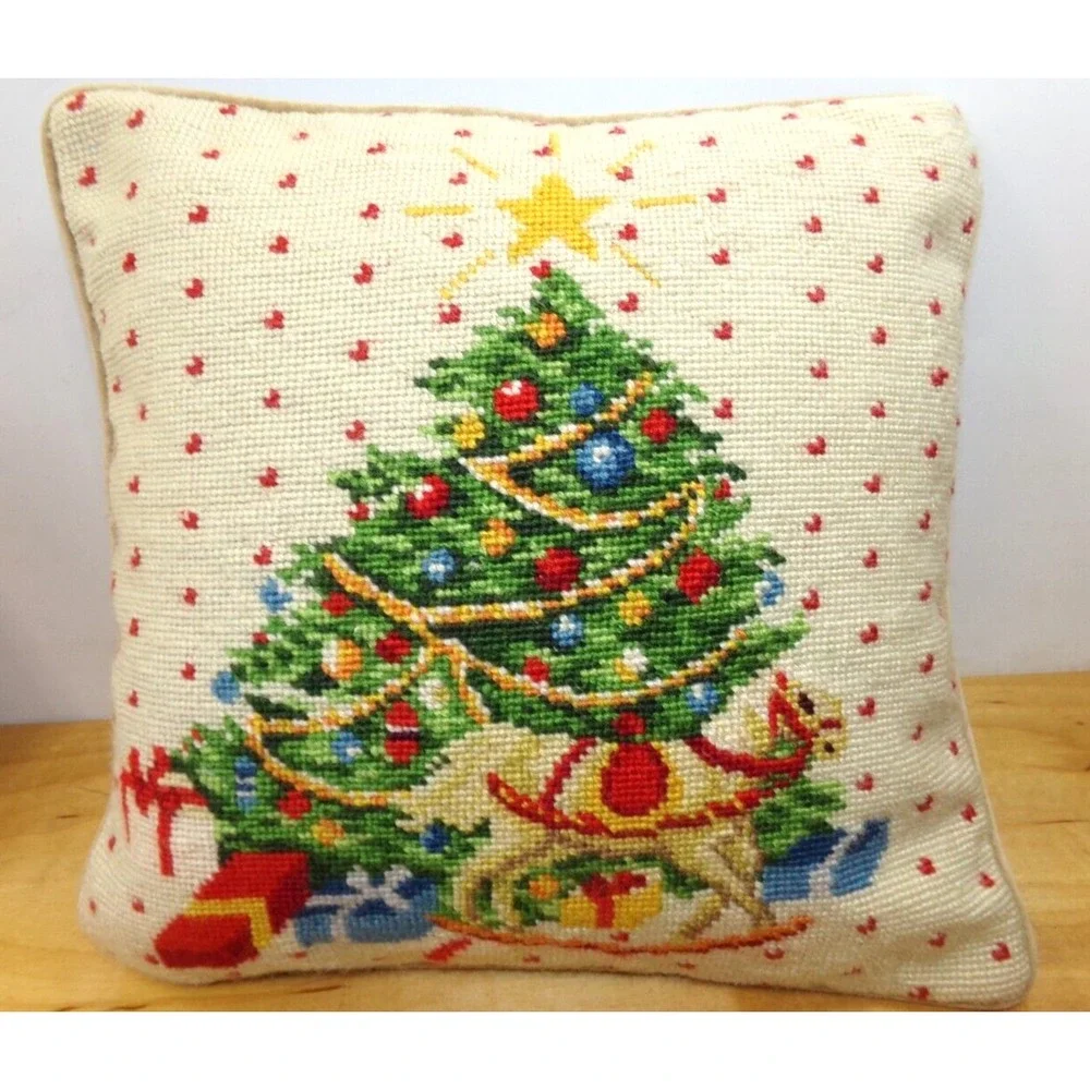 Lot of 2 Christmas Pillows Needlepoint & Folk Art Christmas Tree Naughty‎ List